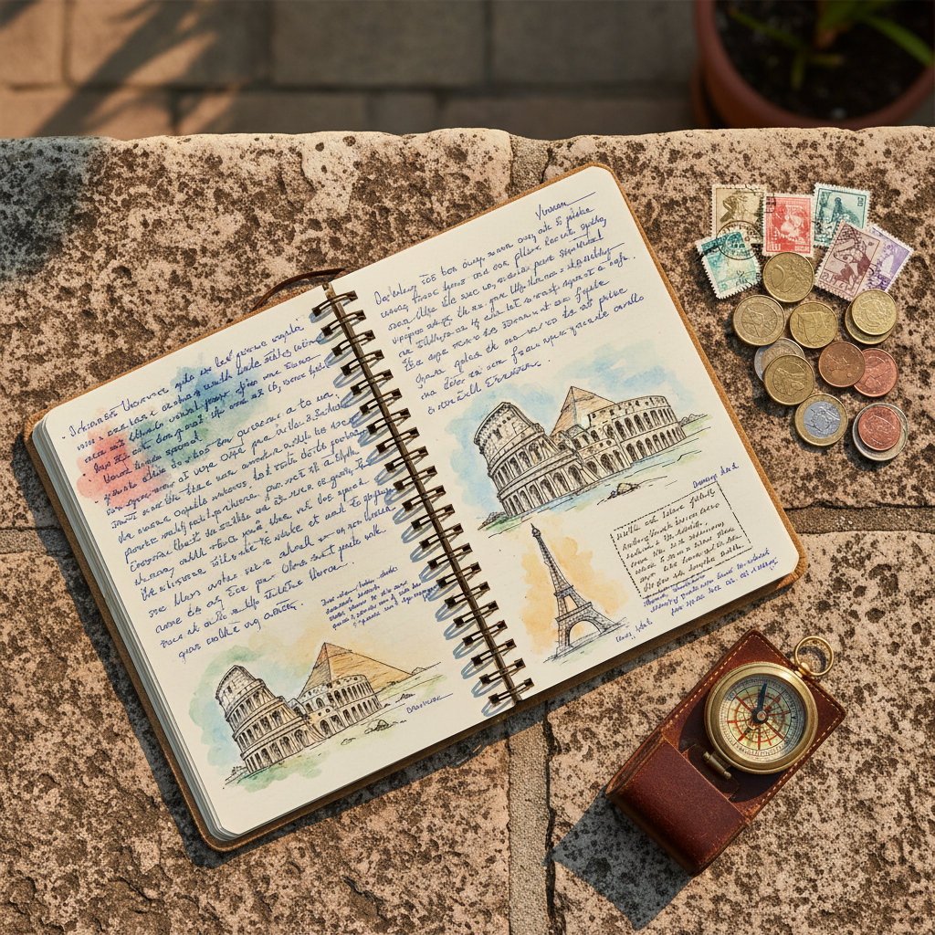 A well-worn, spiral-bound travel journal lying open on a sunlit stone terrace, its cream pages filled with neat handwriting and hand-drawn sketches of famous landmarks. Scattered beside the notebook are foreign coins, colorful postage stamps, and a classic brass compass. The scene is illuminated by soft late-morning sunlight that creates dappled highlights and intricate shadows across the journal’s textured cover. The mood is contemplative and inspiring, inviting viewers to reminisce or plan their own journeys. Shot overhead for a bird's eye view, the composition uses rule of thirds, balancing elements for a photographic realist and modern blog aesthetic.