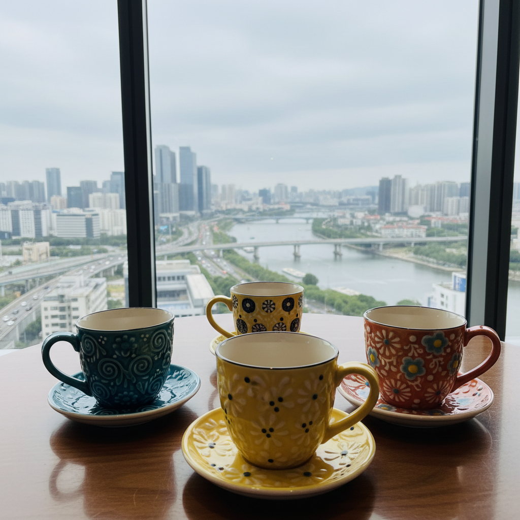 A collection of intricately patterned, handcrafted ceramic mugs in vibrant turquoise, lemon yellow, and terracotta, neatly arranged on a glossy café table overlooking a sweeping cityscape seen through a large glass window. Diffused light from a cloudy afternoon sky gently bathes the ceramics, lending a soft yet vibrant pop to their colors and casting subtle reflections on the tabletop. The scene feels both cosmopolitan and inviting, embodying the joy of savoring global flavors during travel. Captured from a slightly elevated angle with a crisp, clean style, the composition places emphasis on both the mugs and the expansive view beyond, evoking curiosity and connection.