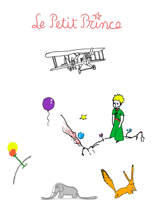 Illustration of the Little Prince, the fox, the rose and the aviator inspired by The Little Prince by Antoine de Saint-Exupéry